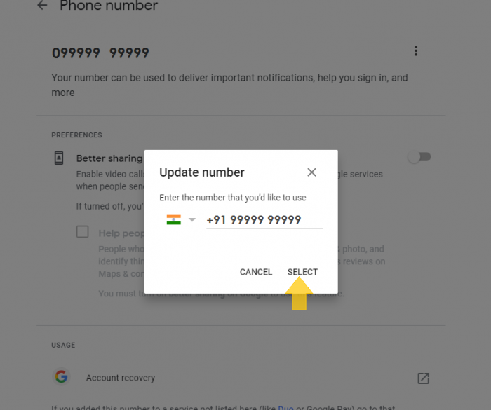 confirm to Change mobile Number in gmail/google account step 9