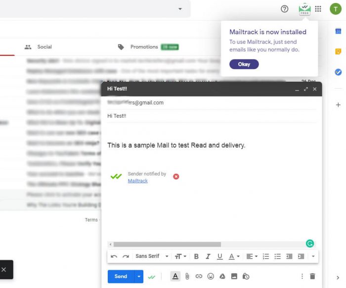 send mail to track with mailtrack extension in gmail