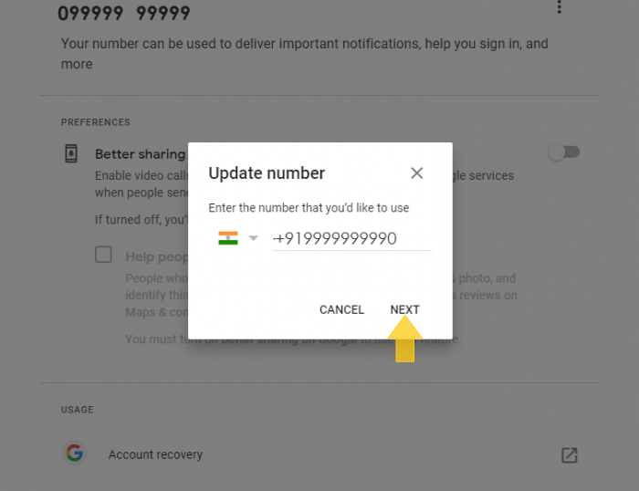 Change phone Number in gmail/google account step 10