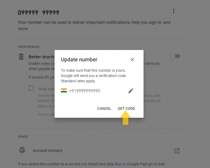 Get Google verification code to update email mobile number - step 11