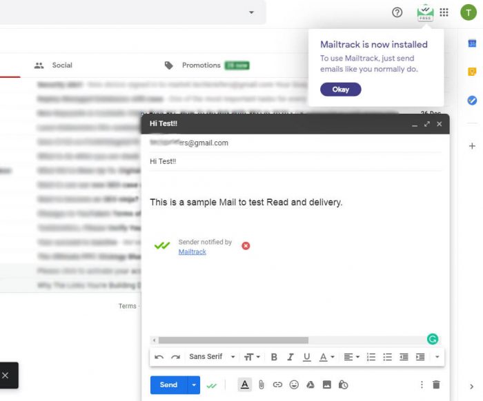 send mail to track if email is read with mailtrack extension in gmail