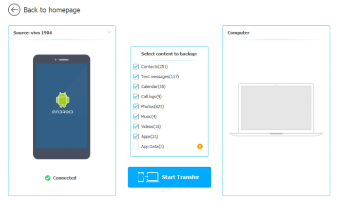 Display the backup menu of Wondershare Mobile Trans