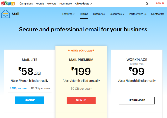 Zoho Mail Business Plans Registration option