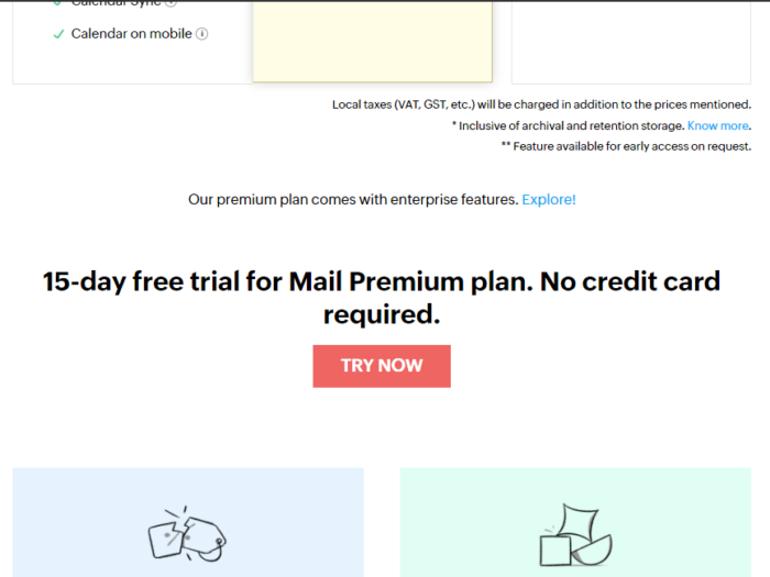 Zoho Mail Business Plans Registration option for trial plan