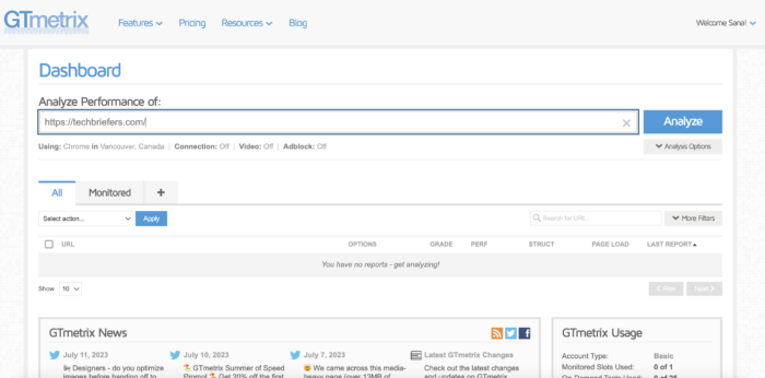 GTMetrix dashboard for website analysis